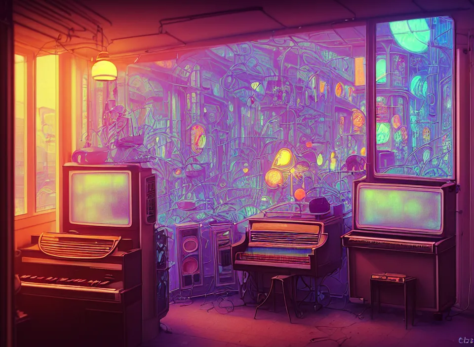 Image similar to telephoto 7 0 mm f / 2. 8 iso 2 0 0 photograph depicting the experience of chrysalism in a cosy cluttered french sci - fi ( art nouveau ) cyberpunk street in a pastel dreamstate art cinema style. ( terrarium, computer screens, window ( street ), leds, lamp, ( ( ( piano ) ) ) ), ambient light.