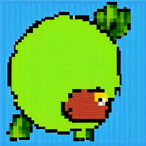 Image similar to kiwi bird eating kiwi fruit, pixel art