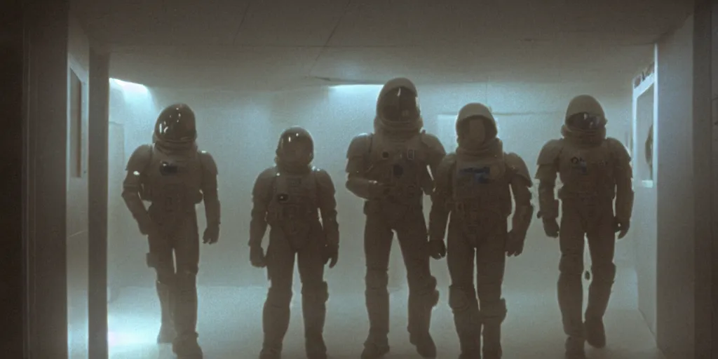 Image similar to color film still, space marines in the dark hallway, space ship ; misty, ; alien 2 ( 1 9 8 6 )