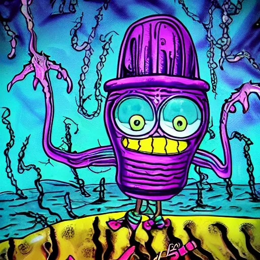 Prompt: alien from the movie alien catching jelly fish in jelly fish fields from sponge Bob square pants, Horde3d, ink painting, HDR, by Kait Kybar