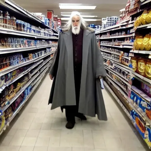 Prompt: Gandalf stacking shelves at a supermarket, depressing