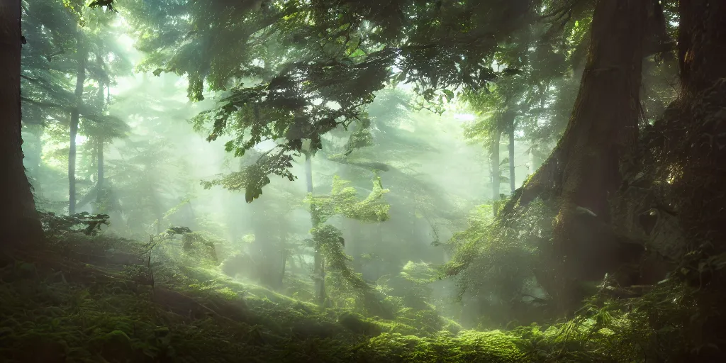 Prompt: a forest, oil painting, cinematic angle, hyperrealistic, cinematic lighting, Studio Ghibli, digital art, octane render, post-processing, beautiful composition, trending on artstation, masterpiece