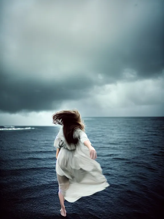 Prompt: cinestill 5 0 d photography of a woman britt marling 3 / 4 style of nicholas fols, 8 0 mm, dress in voile, hair like dark clouds floating on air, mute dramatic colours, soft blur outdoor stormy sea background, volumetric lighting, hyperdetailed, hyperrealistic