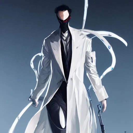 Image similar to full body portrait of a character in sleek clothes, in a futuristic flowing white tailcoat, wearing a white insectoid mask with five round lenses for eyes, many eyes, dramatic lighting, illustration by Greg rutkowski, yoji shinkawa, 4k, digital art, concept art, trending on artstation