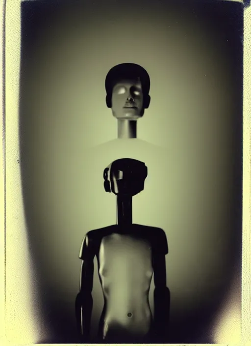 Prompt: polaroid fashion photography, photo taken in a back storage room where you can see empty shelves in the background, 3 / 4 view portrait head chest and arms portrait of an android with an adult male human looking face, and a glass head with light coming out of its head, the android is sitting in a thinker's pose and is pondering the meaning of its existence