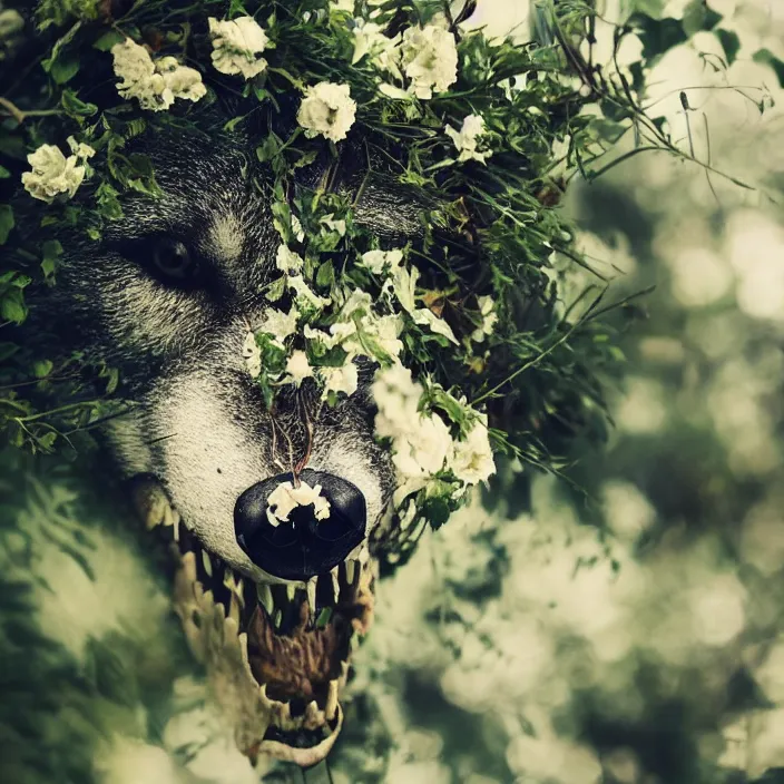 Image similar to overgrown foliage taking over a realistic wolf skull, close - up, 3 5 mm, f 1. 8, bokeh, beautiful, lens flare, emotional, sweet, flowers, detailed, picture, artstation, award - winning