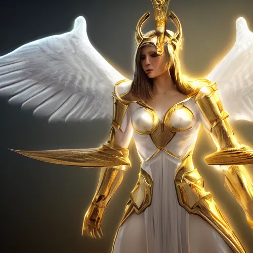 Prompt: Angel in white linen, golden armor, glowing sword in hand, translucent wings, concept character, beautiful, stunning, gold mist, radiating power, energy, god rays, luminescence, fractal, unreal engine, 8k