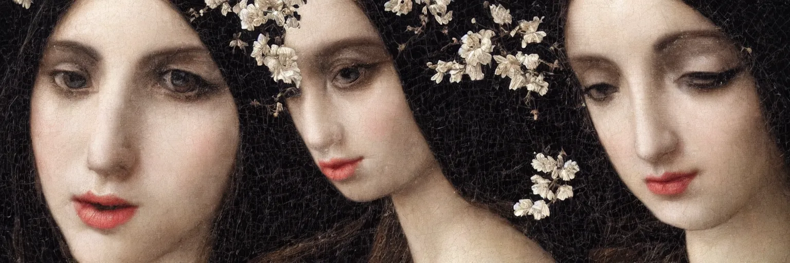 Prompt: hyperrealism close - up mythological portrait of beautiful medieval women partially made of black flowers in style of classicism, pale skin, ivory make up on the eyes, wearing black silk robes, dark and dull palette