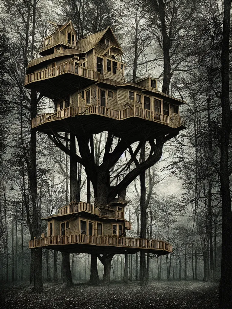 Prompt: a strange treehouse by gregory crewdson