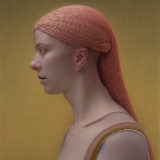 Image similar to Woman masterpiece, portrait, Avril Lavigne, pink, golden halo behind her head, wires, lines, by Edgar Maxence and Ross Tran, Zdzisław Beksiński, and Michael Whelan, distant, gustav dore, H.R. Giger, 8k, octane render