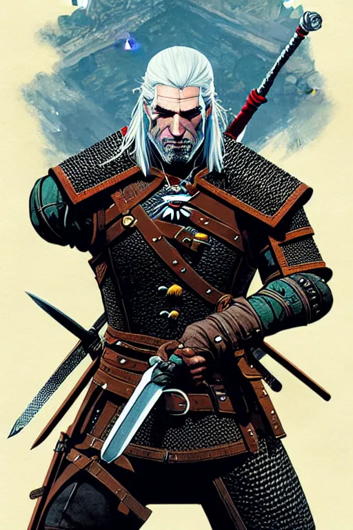 Image similar to poster of geralt from witcher 3, by yoichi hatakenaka, masamune shirow, josan gonzales and dan mumford, ayami kojima, takato yamamoto, barclay shaw, karol bak, yukito kishiro