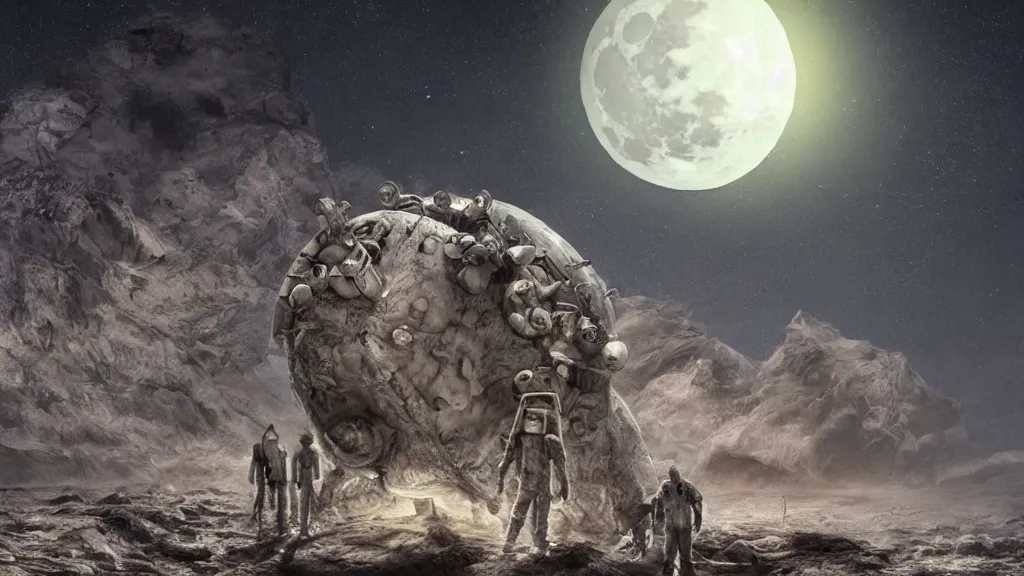 Prompt: large Moon Men on the moon” Deep Dream, Digital art, concept art, detailed, Art station,3-D 4K, Amazing landscaped background, matte painting, Frank Franzettta,
