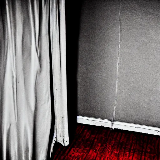 Prompt: Creepy pale ghost in dirty motel room, red carpet | 70's scratched photo | Aesthetics of Silent Hill game