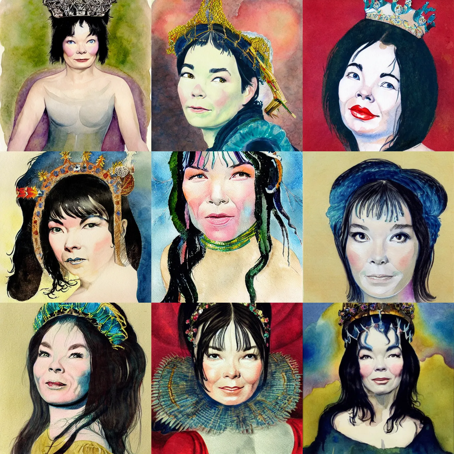 Prompt: photorealistic portrait of bjork, painted in watercolor by william blake, bjork is wearing a tiara, 1 8 2 6.