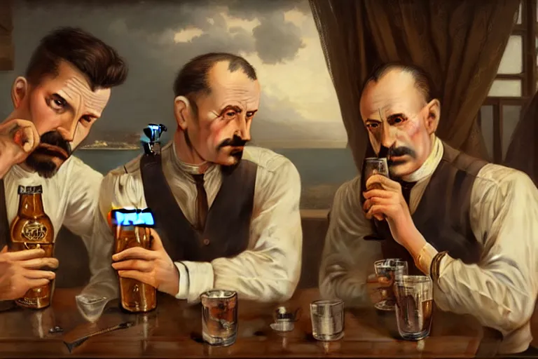 Prompt: portrait painting of wright brothers drinking beer together, ultra realistic, concept art, intricate details, serious, highly detailed, photorealistic, octane render, 8 k, unreal engine. art by artgerm and greg rutkowski and alphonse mucha