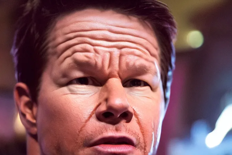 Image similar to mark wahlberg as matt daemon, all faces are distorted contorted, shock, repulsion, disgust, frustration, annoyance, laughter, smirk, snicker, cinematic still, movie still, long lens, shallow depth of field, bokeh, anamorphic lens flare, 8 k