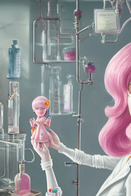 Prompt: highly detailed closeup, face profile portrait of princess bubblegum experimenting in her lab, wearing lab coat and tiara, bubblegum hair, depth of field, illustration, concept art by nicoletta ceccoli, mark ryden, lostfish, detailed and intricate environment, 8 k resolution, hyperrealistic, octane render