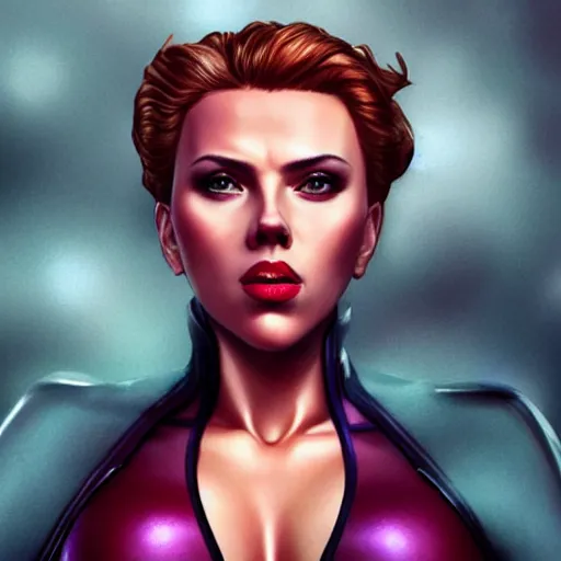 Prompt: scarlett johansson as thanos, feminine beautiful muscular fitness model wearing armor, purple skin, red lips, strong jaw, pin up, attractive, highly detailed upper body portrait, pretty face, elegant, breathtaking art, concept art, by artgerm and ilya kuvshinov