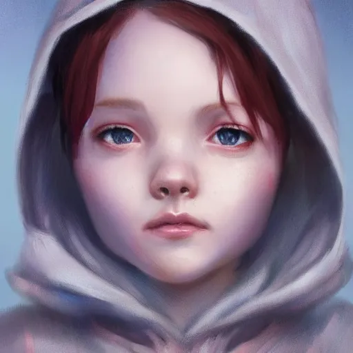 Image similar to a cute tiny girl with short red hair wearing a hoodie, digital art, very beautiful face, pretty face, very detailed eyes, full body illustration, 8 k resolution, soft painting, by greg rutkowski, wlop, rossdraws,