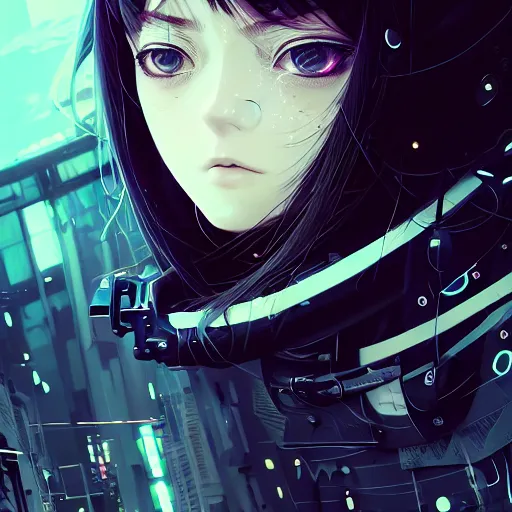 Image similar to by kyoto animation, cool girl wearing cyberpunk intricate streetwear, beautiful, detailed symmetrical close up portrait, intricate complexity, in the style of artgerm and ilya kuvshinov, cell shaded, 4 k, concept art, by wlop, krenz cushart, greg rutkowski, pixiv. cinematic dramatic atmosphere, cinematic lighting, studio quality