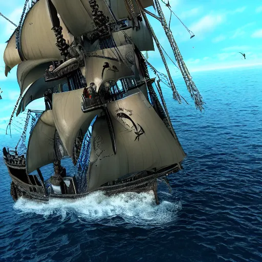 Image similar to pirates of the caribbean, the black pearl, sailing on a beautiful ocean, 3 d render