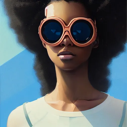 Image similar to Beautiful woman wearing opaque reflective goggles profile picture by Greg Rutkowski, brown skin, long afro hair, asymmetrical, futuristic, cool colors, streetwear, studio ghibli, Organic Painting , Matte Painting, geometric shapes, hard edges, street art, trending on the artstation, fantasy LUT, realistic by Sachin Teng,