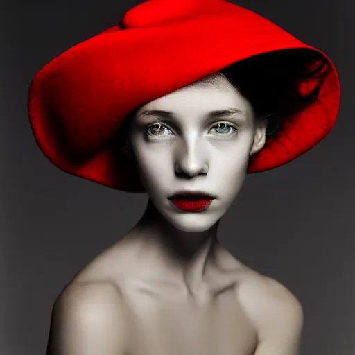 Image similar to half - length portrait of girl in a red hat and black dress, fine art portrait photography by paolo roversi, volumetric lighting, very detailed, high resolution,