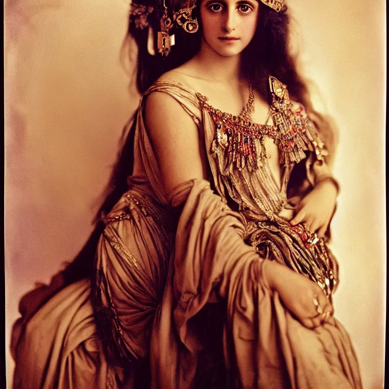 Image similar to a portrait photograph of a beautiful ancient glamorous young lebanese princess by richard avedon styled by alphonse mucha, award winning, cooke 8 5 mm f / 1. 2, lomography color 4 0 0 film stock, low - key studio lighting,