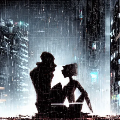 Prompt: a heartfelt unspoken love story between two robots overlooking a crumbling empty city, third person, cyberpunk, dystopia, rain, bittersweet, realism, painting