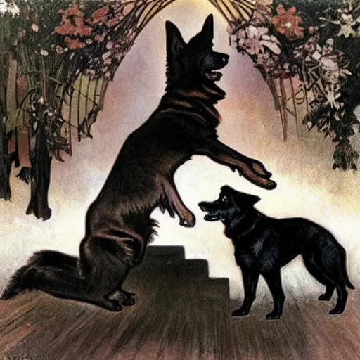 Image similar to an entirely black german shepherd mix dog with pointed ears and a tiny white tail tip jumping in a park by alphonse mucha