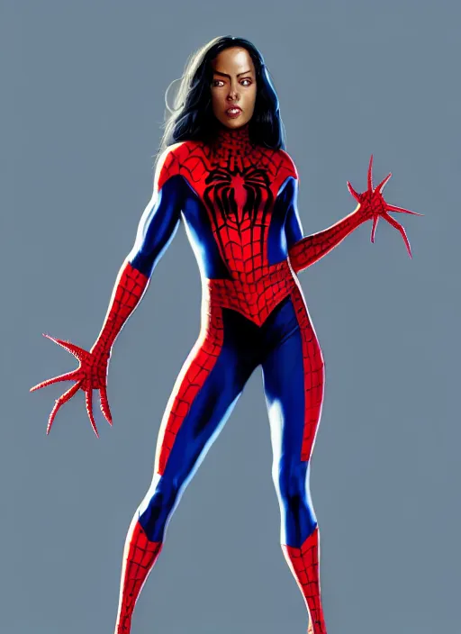 Prompt: full body portrait of marvel cinematic universe aaliyah haughton, spider woman, spider man, elegant, webs, super hero, highly detailed!! digital painting, artstation, glamor pose, concept art, sharp focus, illustration, art by artgerm and greg rutkowski, artey freytag