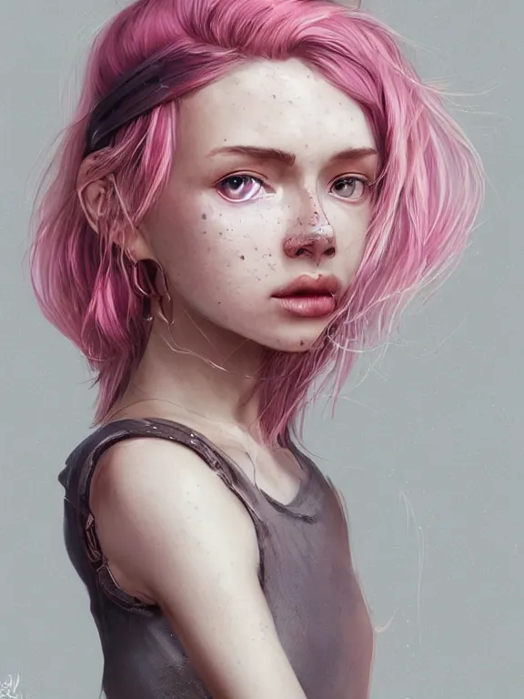 Prompt: beautiful russian girl with cute freckles and short faintly colored in pink hair and septum piercing, thin round earrings, winds of winter, au naturel, hyper detailed, digital art, trending in artstation, cinematic lighting, studio quality, smooth render, octane rendered, concept art, sharp focus, illustration, art by artgerm and greg rutkowski and wlop