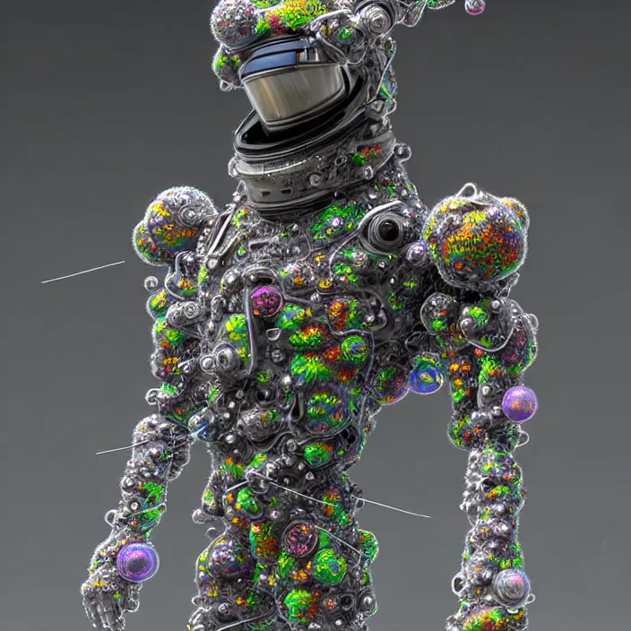 Prompt: a cybernetic symbiosis of a single astronaut mech-organic eva suit made of pearlescent wearing anodized thread knitted shiny ceramic multi colored yarn thread infected with kevlar,ferrofluid drips,carbon fiber,ceramic cracks,gaseous blob materials and diamond 3d fractal lace iridescent bubble 3d skin dotted covered with orb stalks of insectoid compound eye camera lenses orbs floats through the living room, film still from the movie directed by Denis Villeneuve with art direction by Salvador Dalí, wide lens,