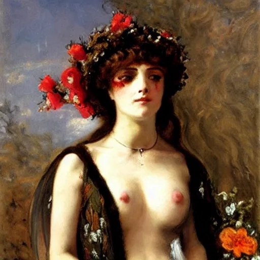 Image similar to portrait of persephone as goddess of death, by alfred stevens