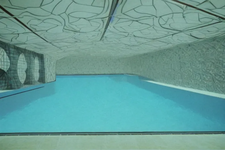 Image similar to underwater footage of a non - euclidean, geometric tiled swimming pool tunnels into infinity, cubic and right angles, cube portals, 1 9 7 0 s, ektachrome photograph, volumetric lighting, f 8 aperture, cinematic eastman 5 3 8 4 film stanley kubrick