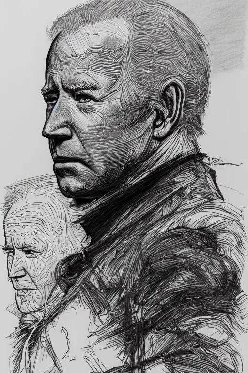 Image similar to Portrait of Joe Biden, pen and ink, intricate line drawings, by Yoshitaka Amano, Ruan Jia, Kentaro Miura, Artgerm