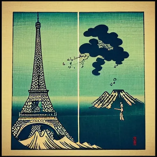 Prompt: eiffel “ tower in paris in the style of a woodblock print by the japanese ukiyo - e artist hokusai ”