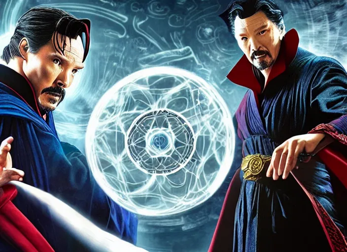 Prompt: dr. strange casting a shield spell in the metaverse with a shiba inu at his feet, hyper realistic, highly detailed, perfect face, smooth, focus, digital art, cinematic