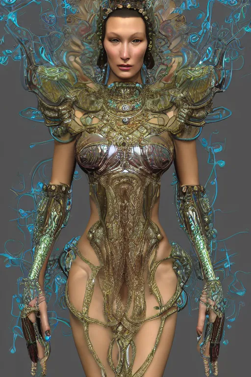 Prompt: a portrait of a beautiful ancient alien woman goddess bella hadid aphrodite standing in iris van herpen dress jewelery and fractals in style of alphonse mucha art nuvo dmt trending on artstation made in unreal engine 4