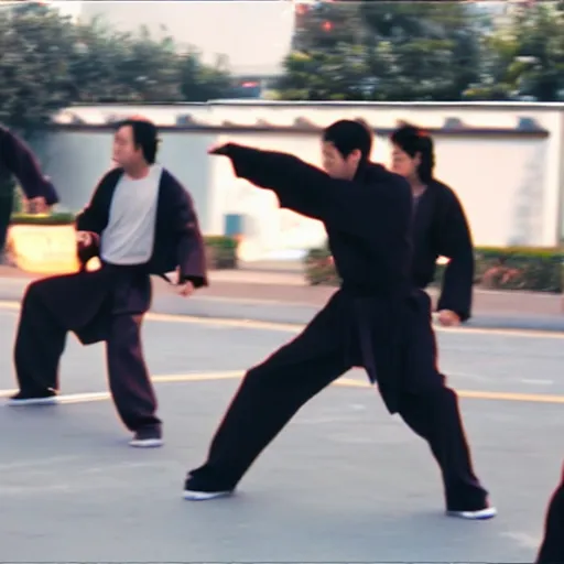 Prompt: film still of Los Angeles Kung-Fu squad (2012). Boss villian action chase scene. Sigma 85mm f/8