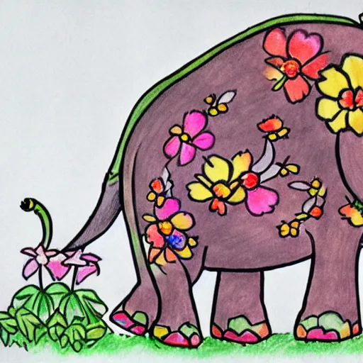 a elephant holding a flower with its trunk on a green, Stable Diffusion