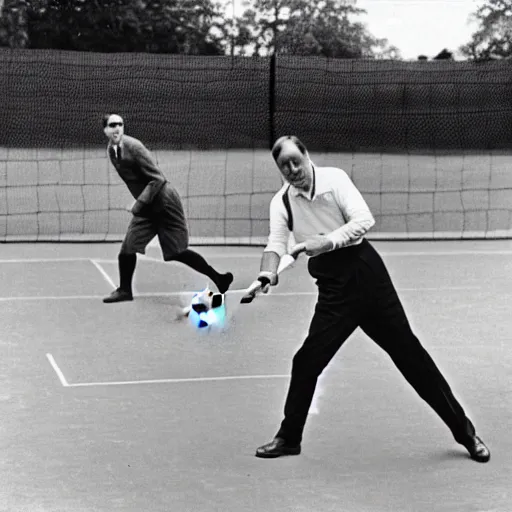 Image similar to Photograph of a tennis match between Winston Churchill and Adolf Hitler