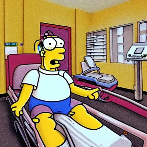 Image similar to homer simpson waving from a hospital bed