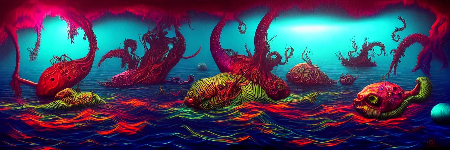 Image similar to strange sea creatures from the depths of the collective unconscious, dramatic lighting, surreal darkly colorful painting by ronny khalil