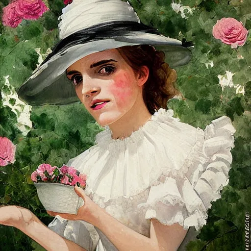 Image similar to painting hanging on wall full body fashion model emma watson by Winslow Homer smokey eyes makeup eye shadow fantasy, glow, shimmer as victorian woman in a long white frilly lace dress and a large white hat having tea in a sunroom filled with flowers, roses and lush fern flowers ,intricate, night, highly detailed, dramatic lighting , high quality