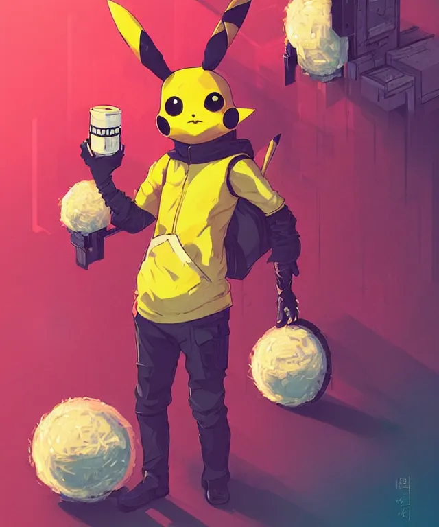 Prompt: a portrait of an anthropomorphic cyberpunk pikachu, holding rice ball, cyberpunk!, fantasy, elegant, digital painting, artstation, concept art, matte, sharp focus, illustration, art by josan gonzalez