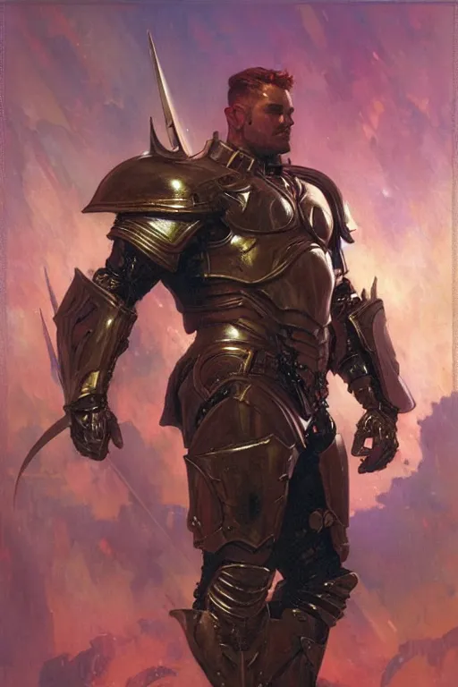 Image similar to attractive beefy male with armor, character design, colorful, cyberpunk, painting by gaston bussiere, craig mullins, j. c. leyendecker, tom of finland