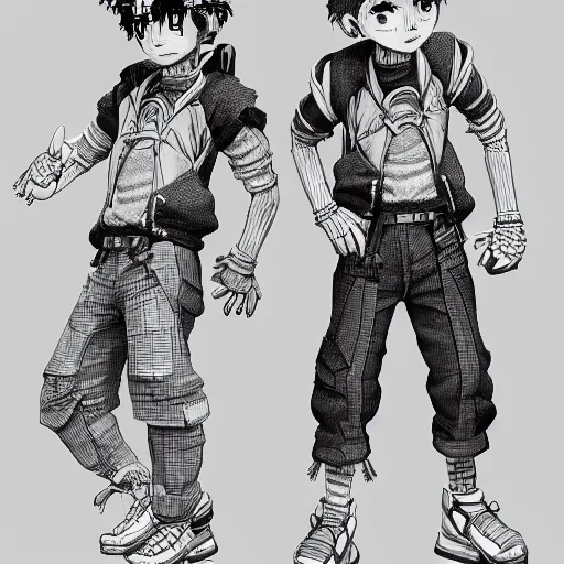 Image similar to rpg character concept art, twin brothers being cute and gangsta, intricate detail, in the style of jamie hewlett kawase hasui riyoko ikeda, 3 d render, artstation trending, 8 k, octane render, photorealistic, sharp detail, manga, black and white