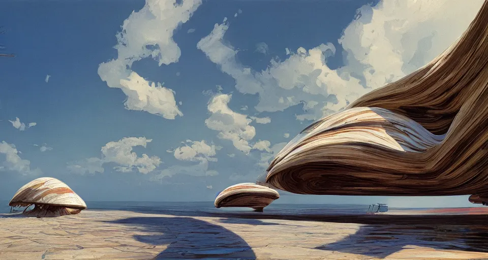 Image similar to clamshell seashell house where a hermit girl lives, atmospheric cinematography by syd mead