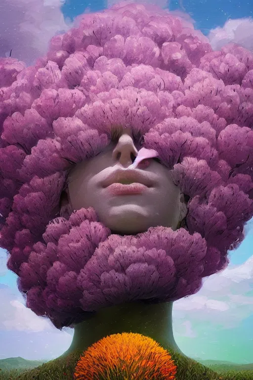 Prompt: closeup, giant flowers head mohawk, woman in heather field, surreal photography, starlight, storm clouds, impressionist painting, digital painting, artstation, simon stalenhag